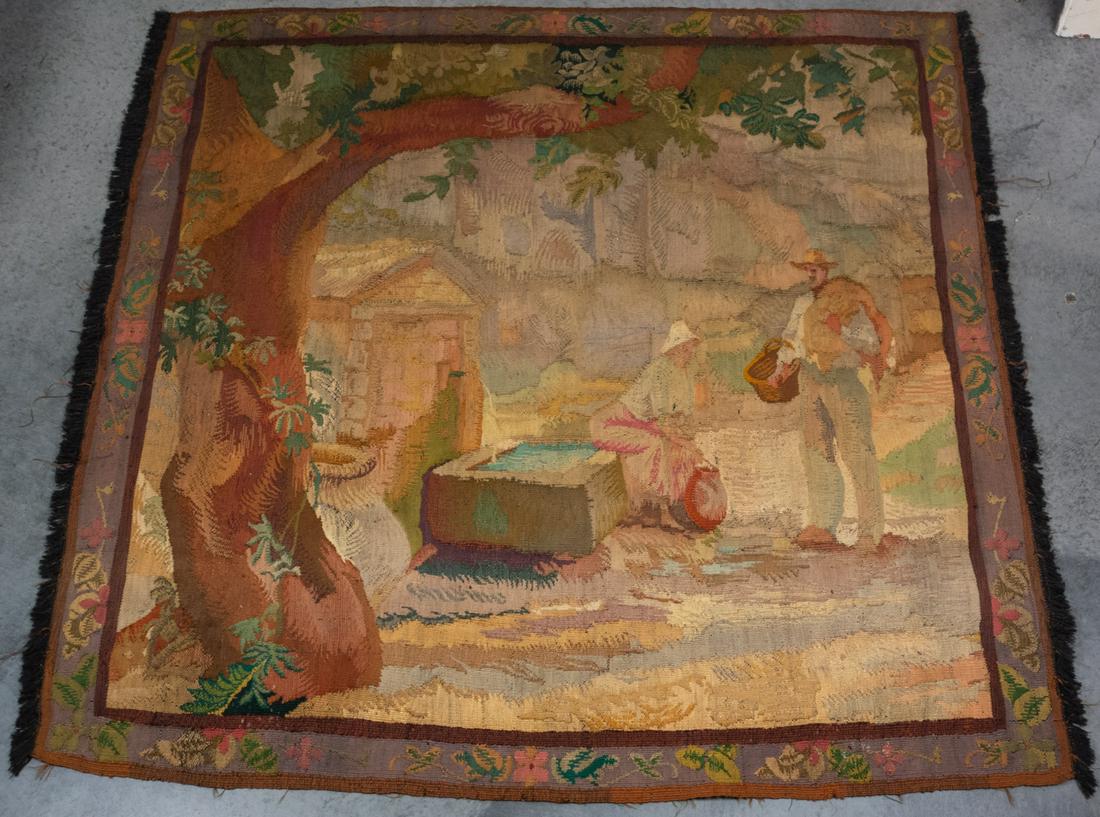 c1900 French Handwoven Tapestry Man Woman by Well (1 of 6)