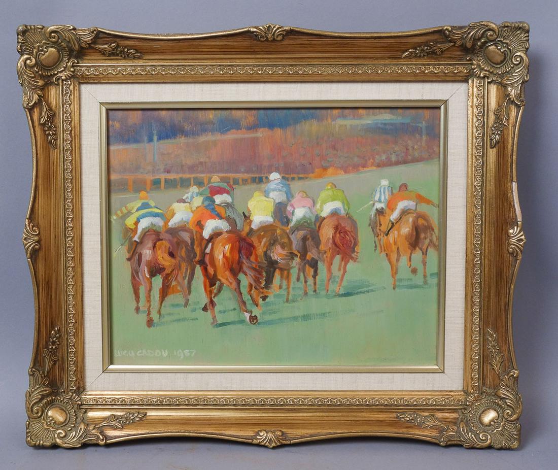 Lucy Cadou Kettlewell Saratoga Racetrack Painting: Lucy Cadou Kettlewell (American, 1929-2004) After studying art and acting at the Chicago Art Institute and Emerson College in Boston, Lucy Cadou Kettlewell and her husband James arrived in Saratoga Sp