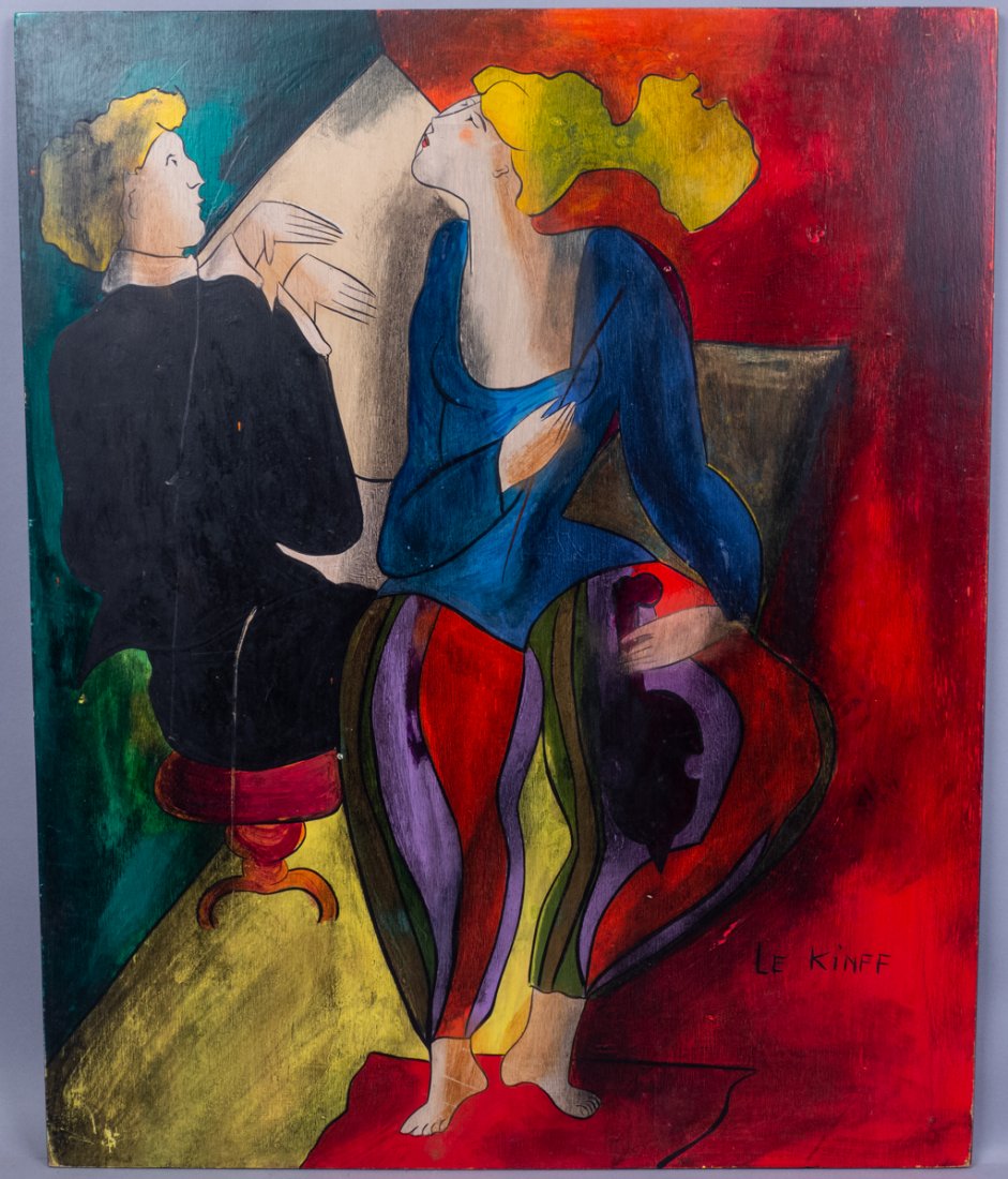 Signed Linda Le Kinff Painting of Musicians: This is an original oil painting by French based artist Linda Le Kinff. She was the official artist for both the 1998 World Cup and the 2010 Kentucky Derby. She studied multiple techniques around the