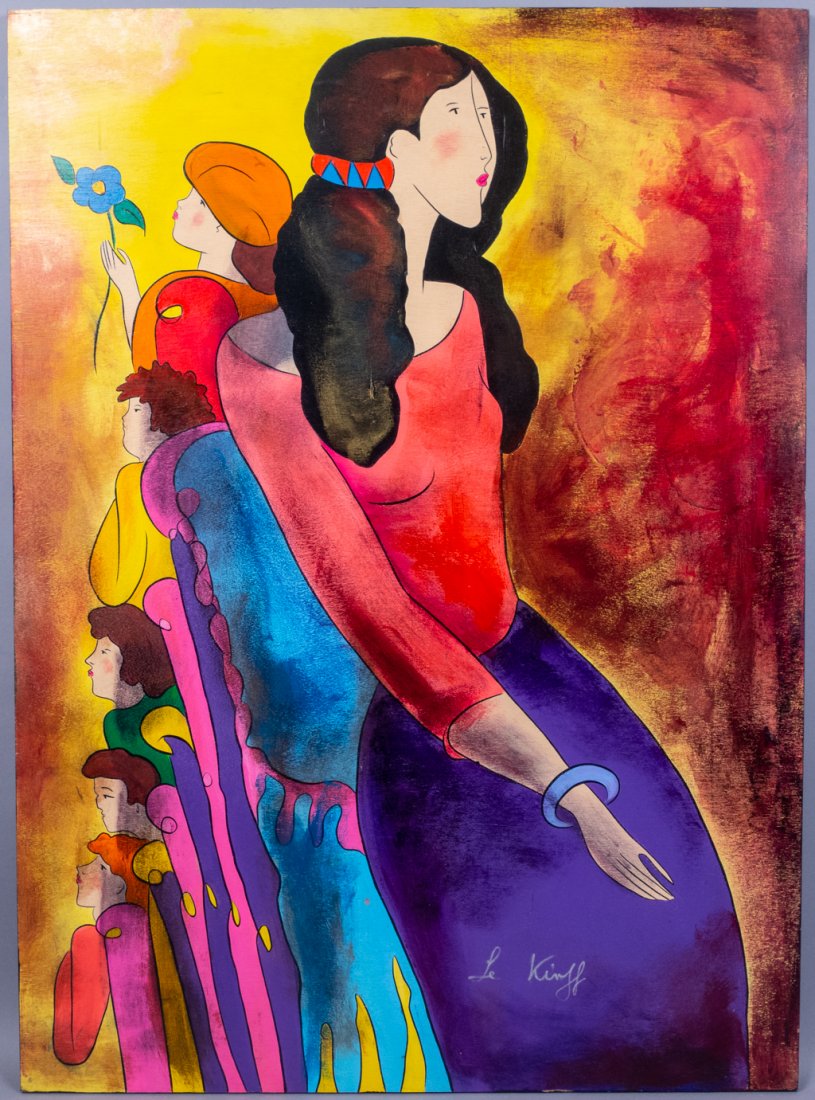 Signed Linda Le Kinff Painting Woman w Family: This is an original oil painting by French based artist Linda Le Kinff. She was the official artist for both the 1998 World Cup and the 2010 Kentucky Derby. She studied multiple techniques around the
