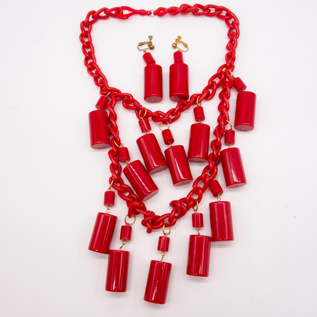Vintage Red Plastic Cylinder Necklace Earrings Suite (1 of 1)