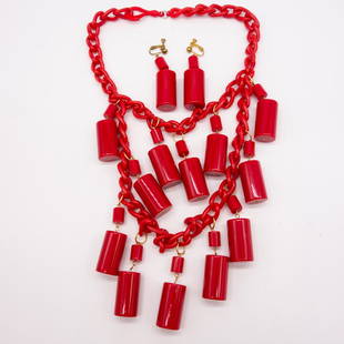 Vintage Red Plastic Cylinder Necklace Earrings Suite: This is a vintage red plastic necklace and earrings suite with dangling cylinders. The earrings are 2 3/4" long. The portion of the necklace that goes around the neck is 18". The suite weighs a total