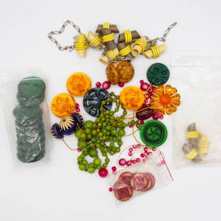 Vintage Lot Jewelry Beads and Buttons incl Carved: This is a vintage lot of jewelry making beads and buttons including carved details. The edelweiss buttons are each 1 1/2" diameter. 