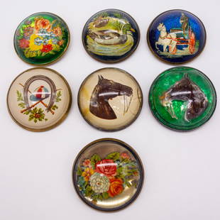 Vintage Lot 7 Reverse Painted Style Bridle Rosette Pins: This is a vintage lot of seven bridle rosettes converted to brooch pins, each decorated in the reverse painted style including horses, ducks, and flowers. Each is 1 5/8" diameter