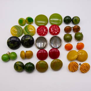 Vintage Lot Bakelite 17 Pairs Earrings incl Carved: This is a vintage lot of 17 pairs of Bakelite earrings including carved and marbled. The large green disks are 1 1/2" diameter. The total weight of the lot is 176.9g