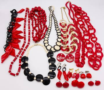 Vintage Lot Red White and Black Jewelry incl Trifari: This is a vintage lot of red, white, and black ladies fashion jewelry including necklaces and earrings. Also included is a red and white beaded signed Trifari necklace. The length of the Trifari neckl