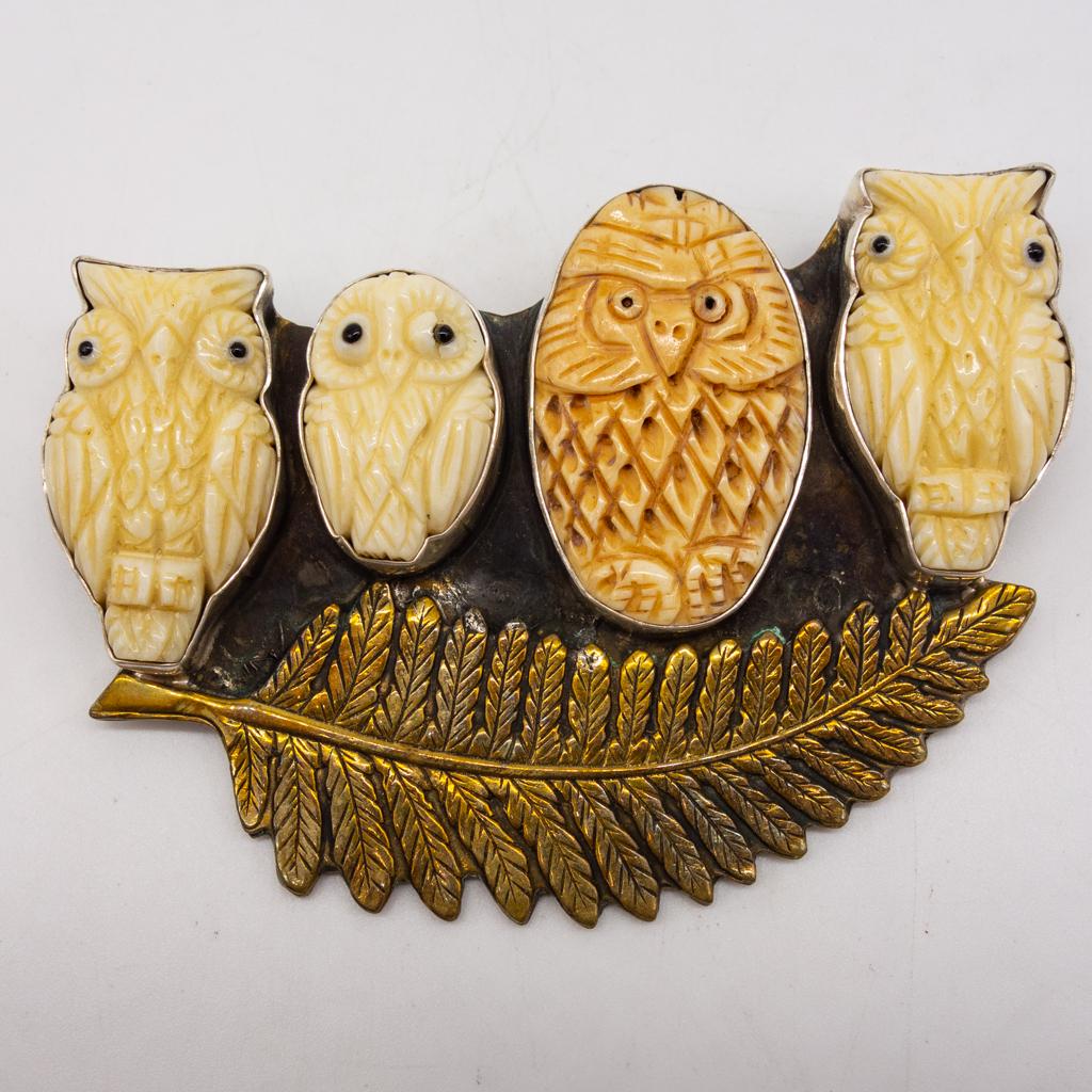 Vintage Carved Owl Fern Sterling Silver Brooch Pin (1 of 2)