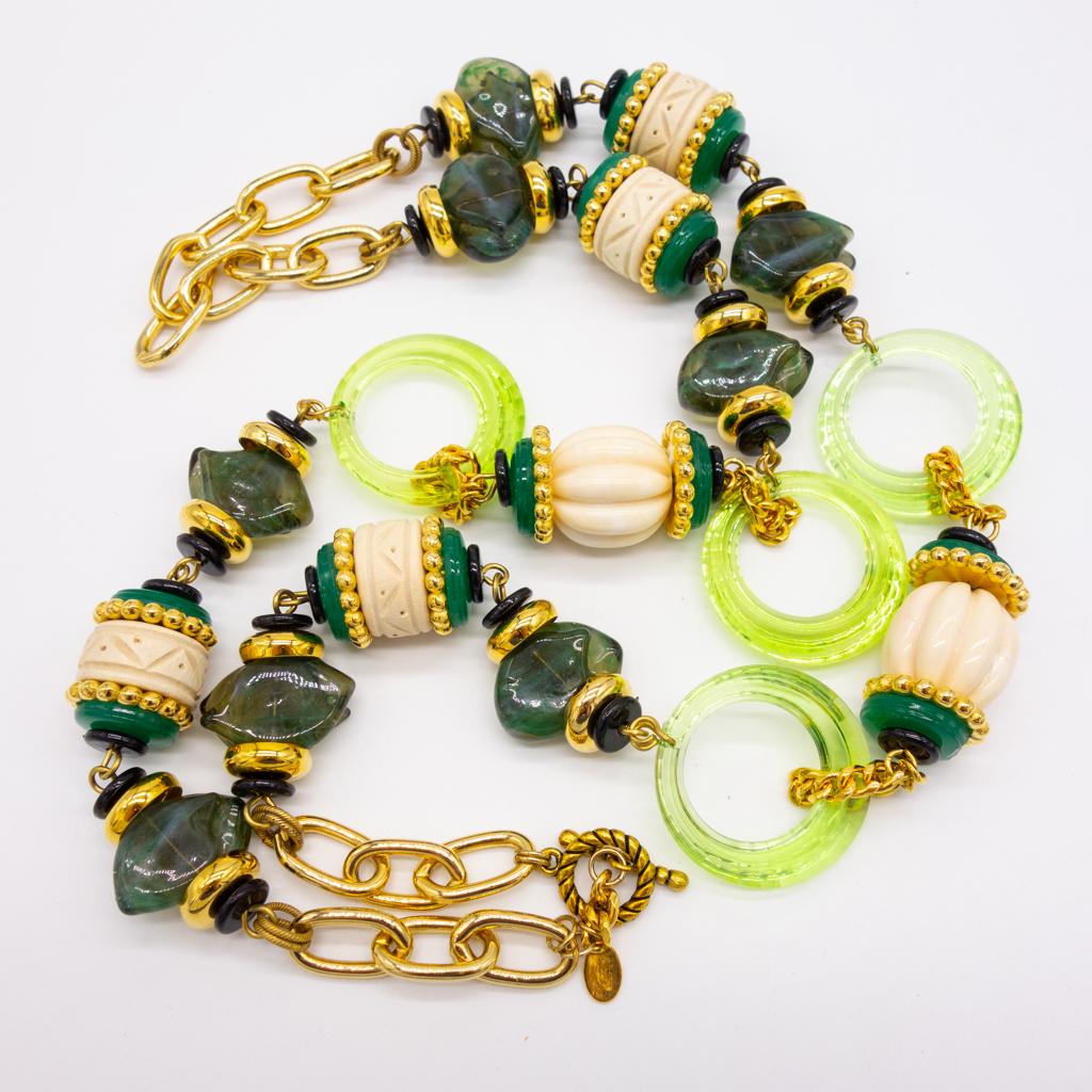 Vintage Lawrence VRBA Green and White Bead Necklace: This is a vintage Mid Century green, white, and black bead necklace from designer Lawrence Vrba. Vrba designed under his own name after working for famed American jewelry designer Miriam Haskell. 36" 