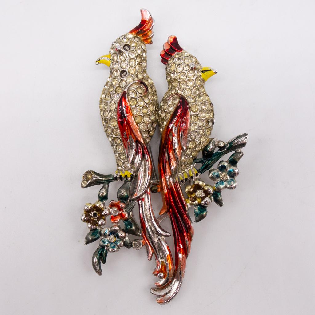 Vintage Coro Duette Double Cockatiel Brooch Pin: This is a vintage Coro rhinestone studded "Duette" brooch featuring double cockatiels. 3 1/2 x 2"