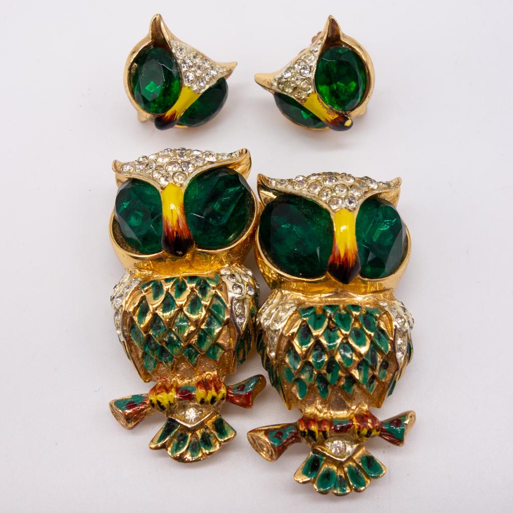 Coro Duette Sterling Silver Owl Brooch Earrings Set (1 of 4)