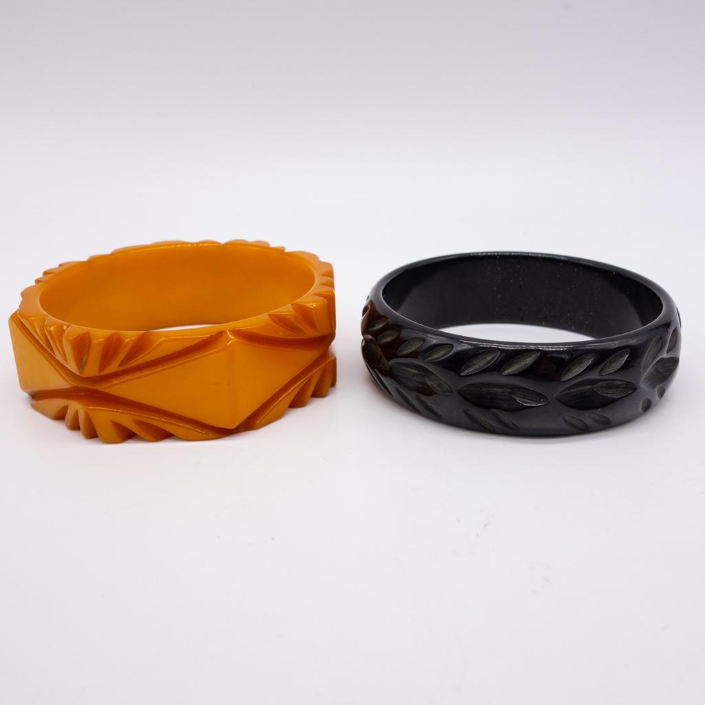 2 Carved Black and Butterscotch Bakelite Bracelets (1 of 1)