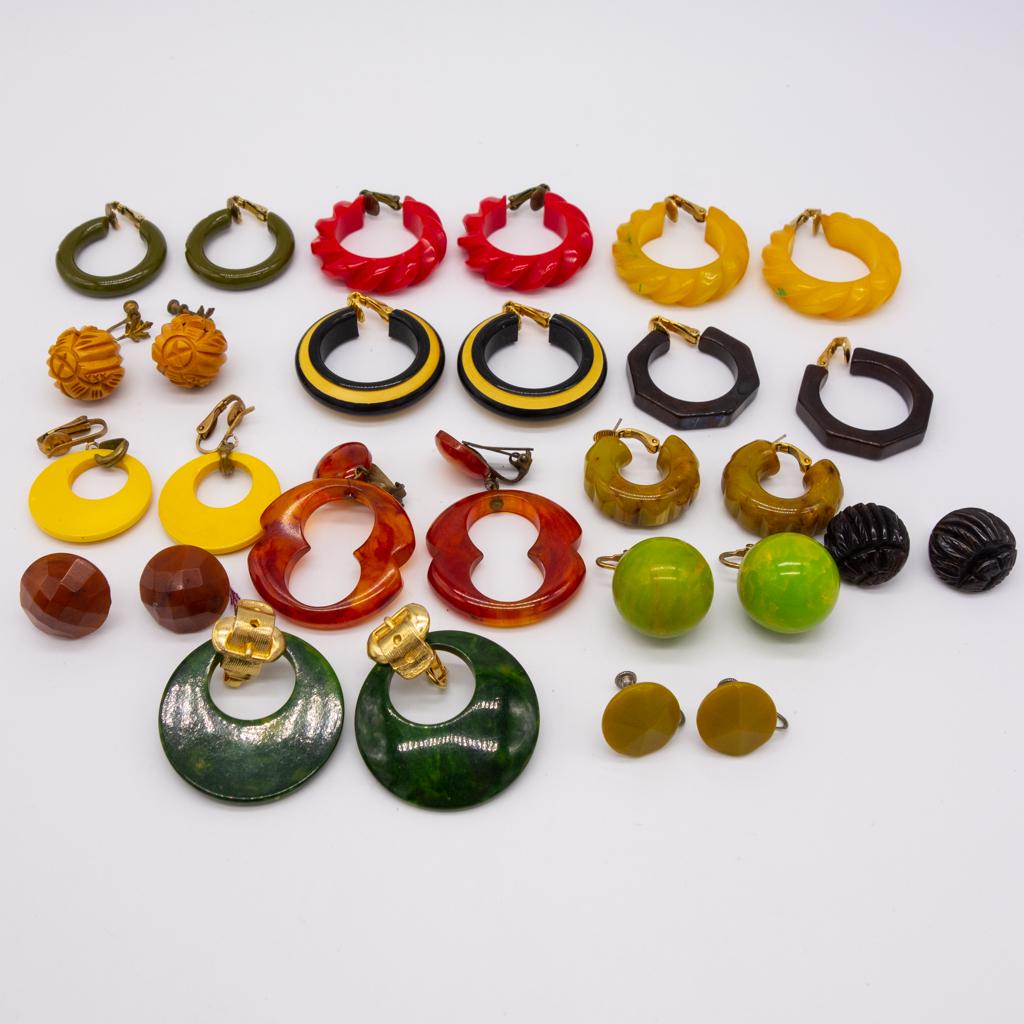 Vintage Lot 14 Bakelite Earrings incl Carved, Marbled (1 of 1)