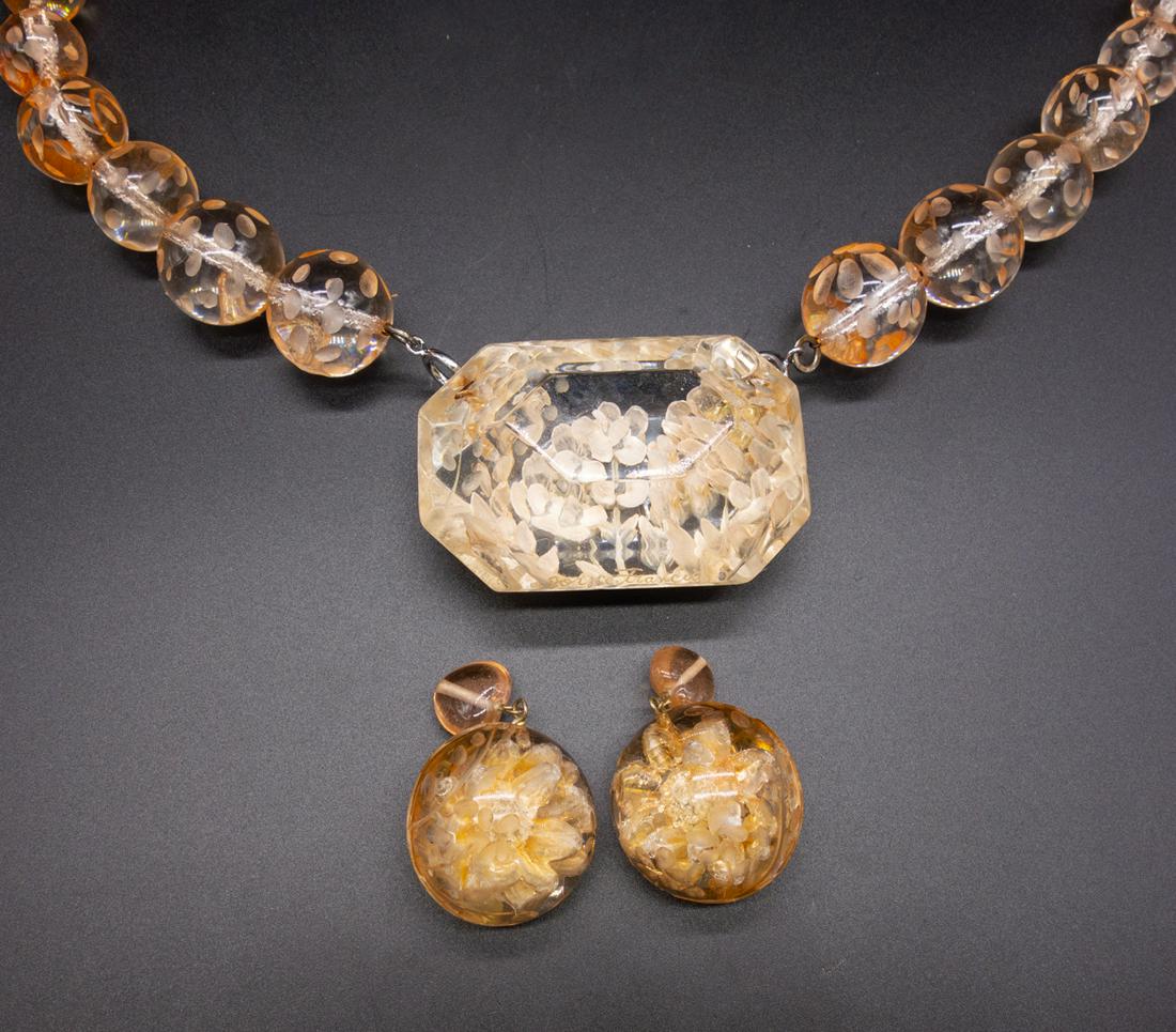 Vintage Joyce Francis Carved Floral Necklace Earrings (1 of 2)