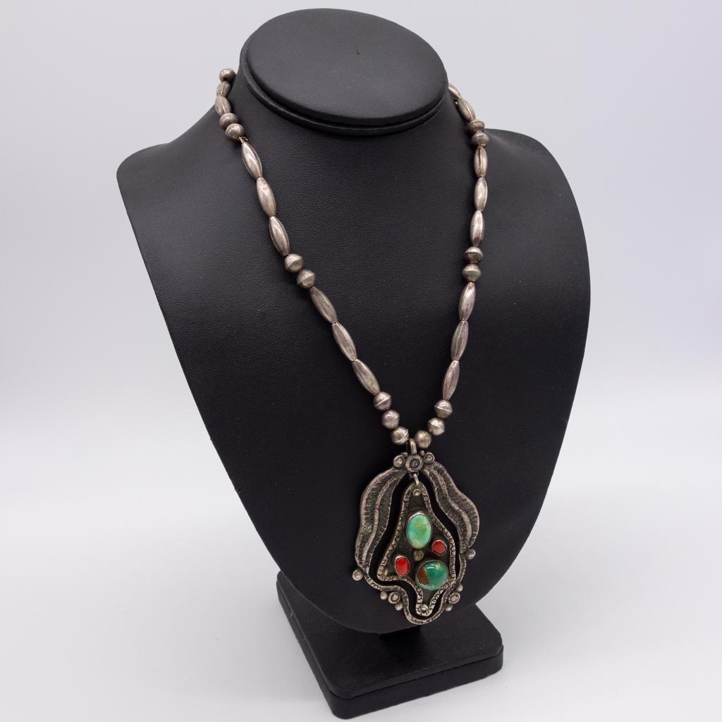 Native American Pawn Silver Coral Turquoise Necklace (1 of 1)
