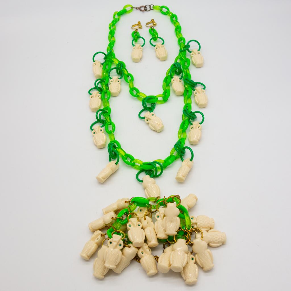 Vintage Owl Motif Necklace Bracelet Earrings Set (1 of 1)