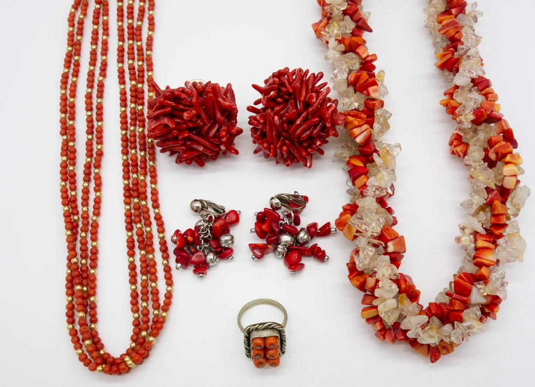 Vintage Coral Bead and Branch Necklace Earrings Ring (1 of 1)
