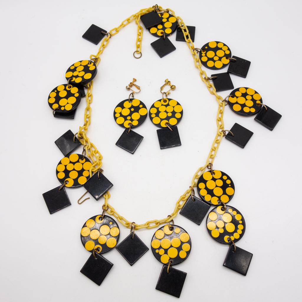 Signed Jan Carlin Bakelite Polka Dot Necklace Earrings (1 of 2)