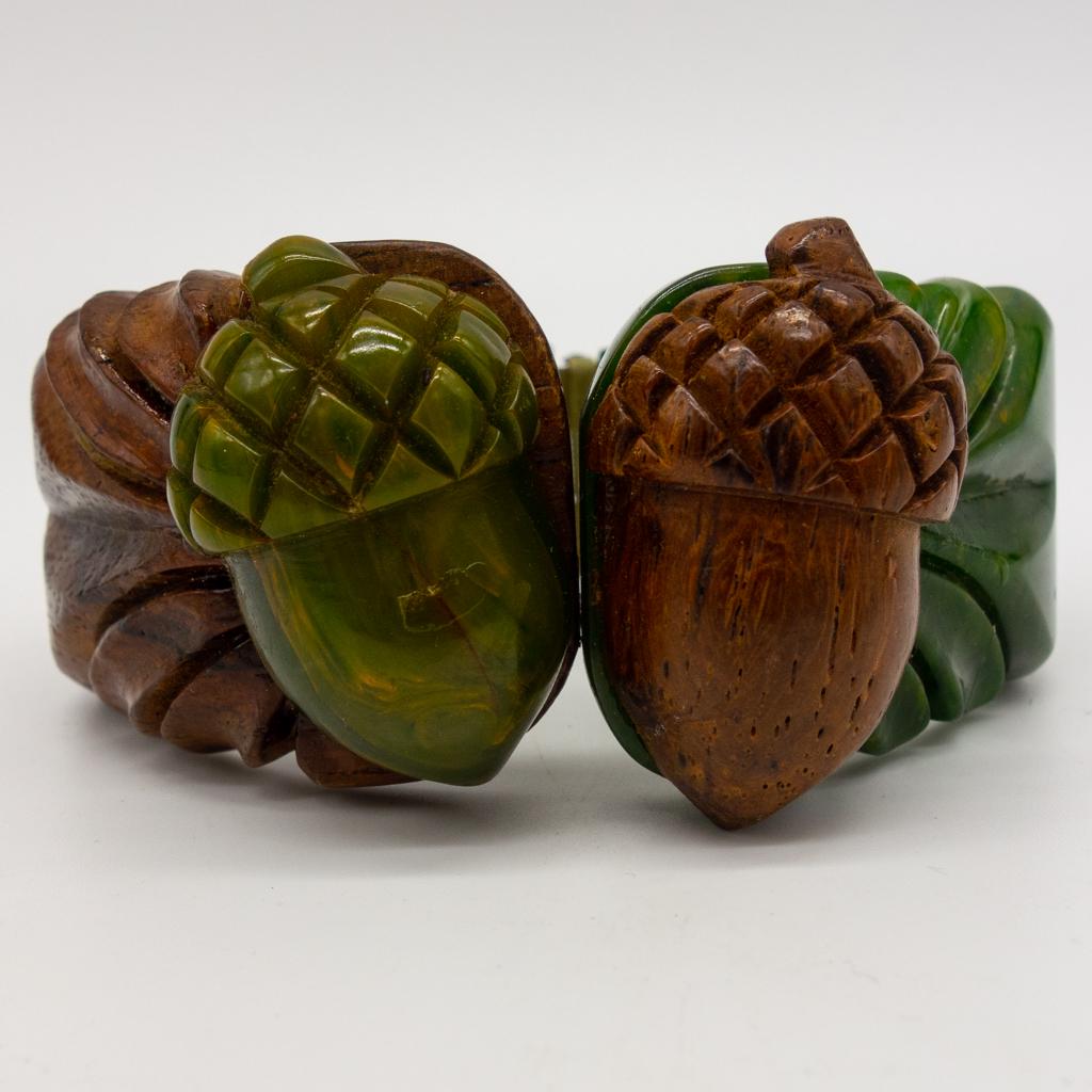Vintage Carved Bakelite and Wood Acorn Hinged Bracelet (1 of 2)