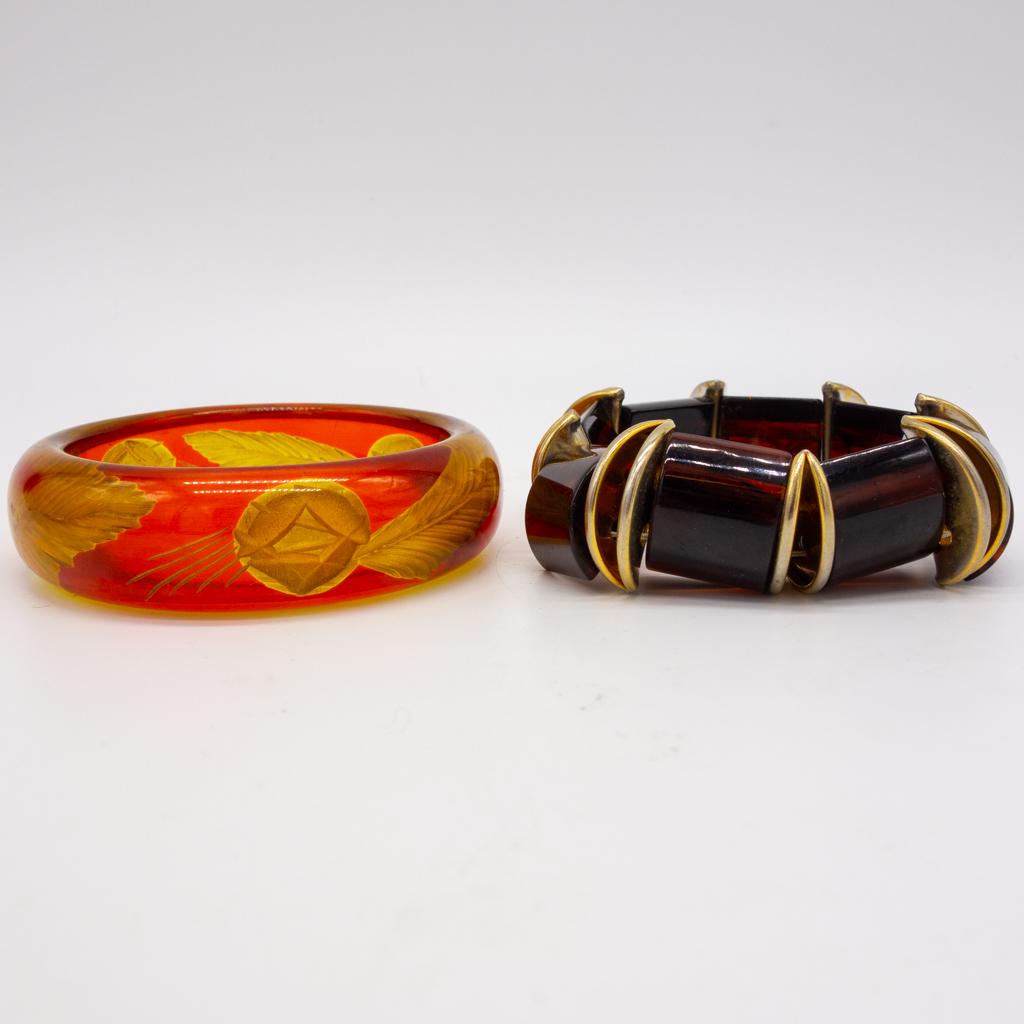 Vintage Lot 2 Bakelite Bracelets Floral Reverse Carved (1 of 1)