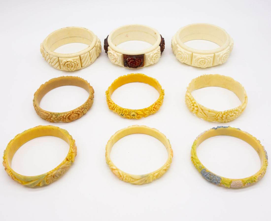 Vintage lot of 8 Plastic Carved Floral Bangle Bracelets (1 of 1)