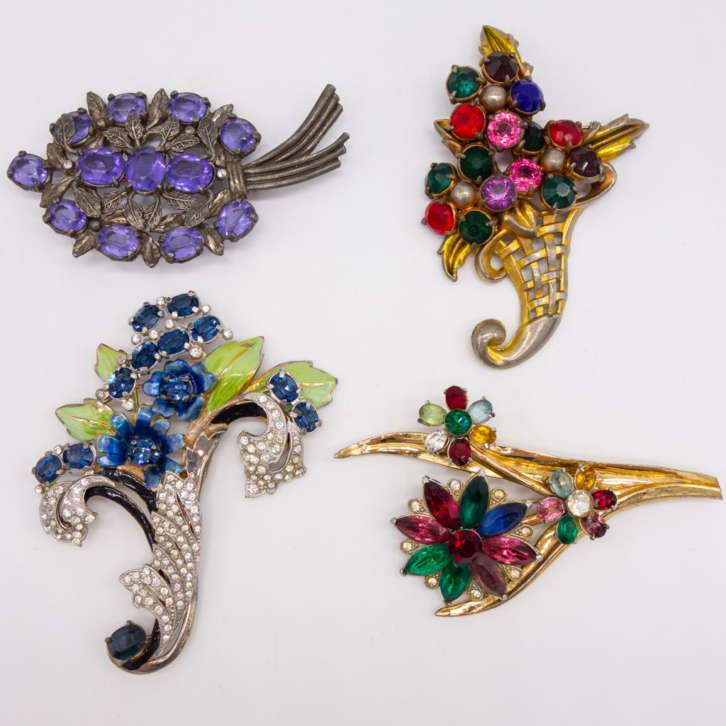 Vintage Mid Century 4 Jeweled Enamel Brooch Pins (1 of 2)