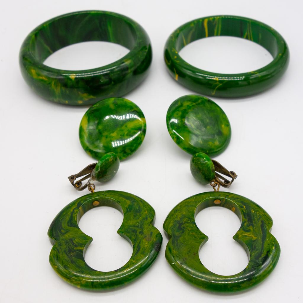 Vintage Lot Green Marbled Bakelite 2 Bangles, Earrings (1 of 1)
