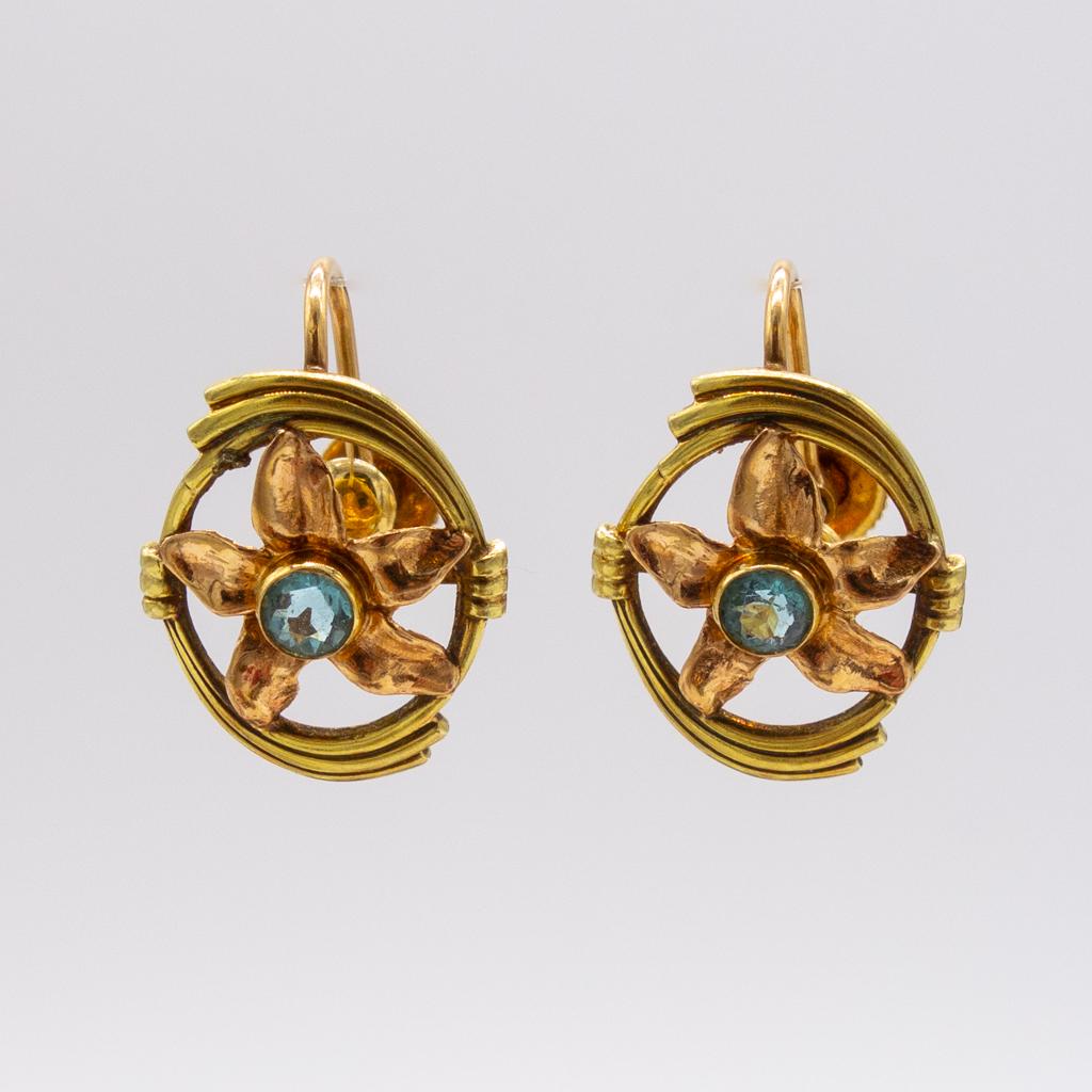 Retro 14K Rose Yellow Gold Natural Blue Zircon Earrings (1 of 3)