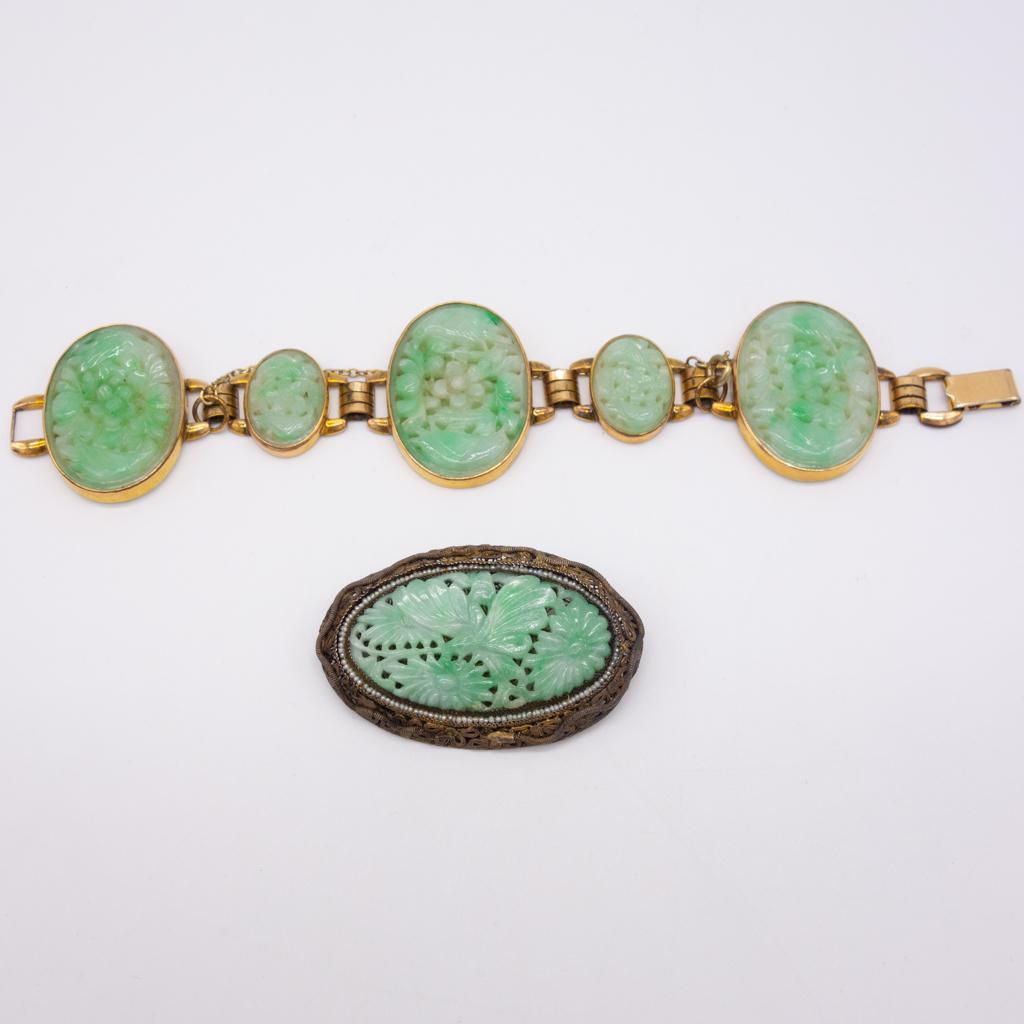 Vintage 2 Carved Pierced Green Jadeite Panel Jewelry (1 of 3)