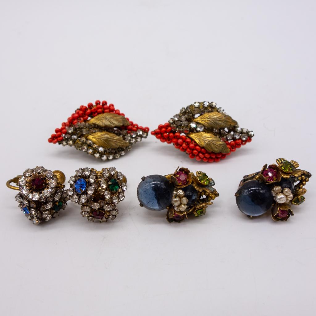 3 Pairs Vintage Miriam Haskell Jeweled Clip Earrings (1 of 3)