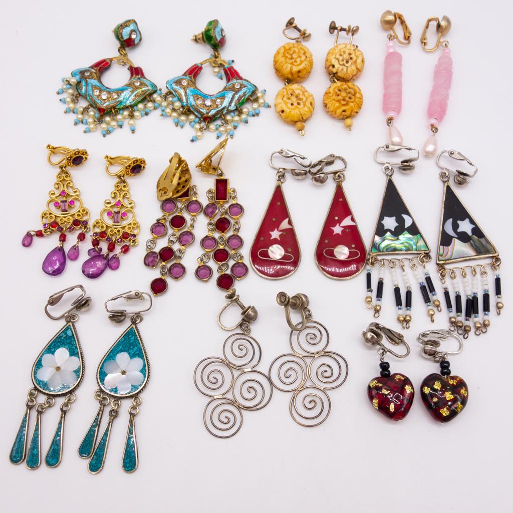 Vintage Lot Dangle Earrings incl Sterling, Enamel, MOP (1 of 4)
