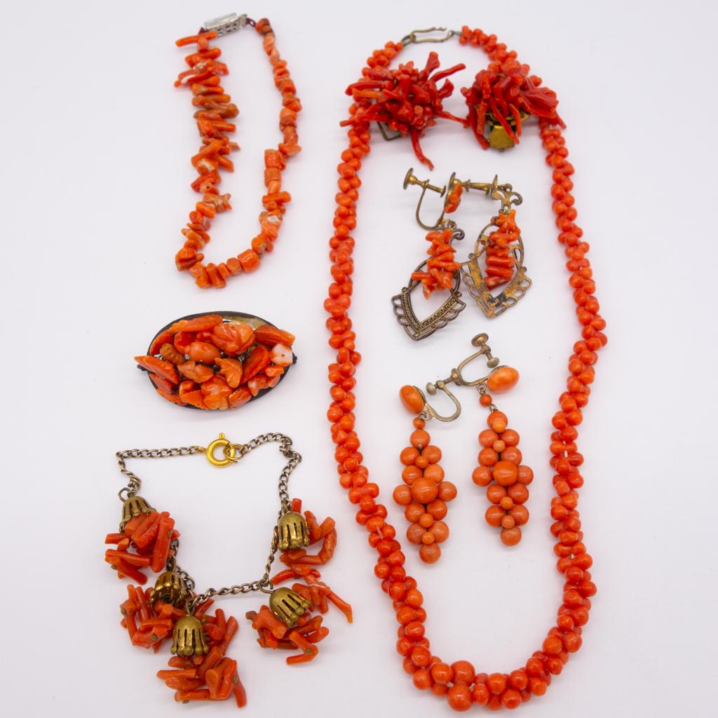 19c Coral Branch, Bead Jewelry incl Earrings Necklaces (1 of 1)