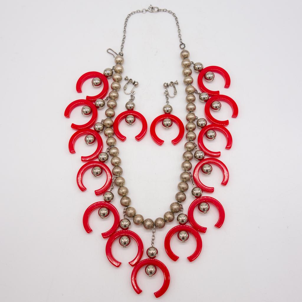 Vintage Red Bakelite and Metal Bead Necklace Earrings (1 of 1)