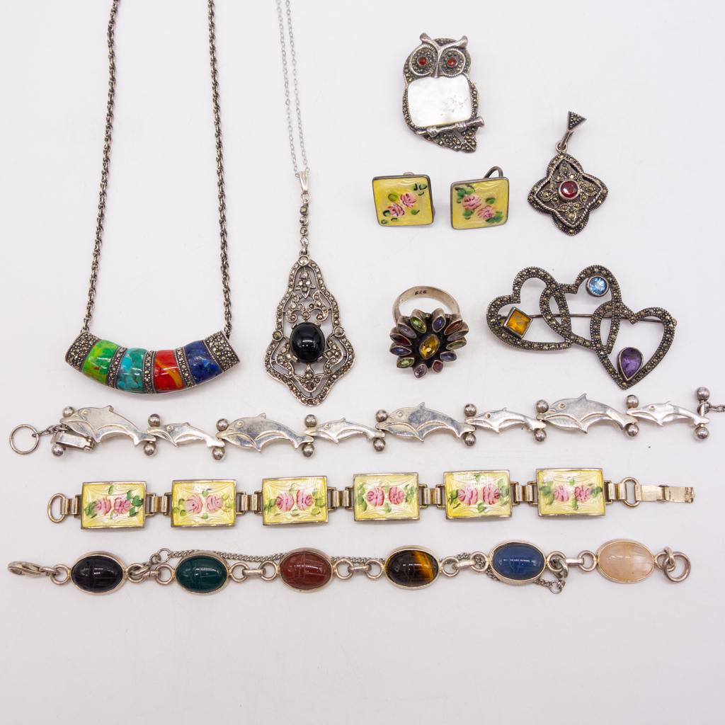 Vintage Sterling Silver Jewelry incl Enamel, Scarabs (1 of 4)