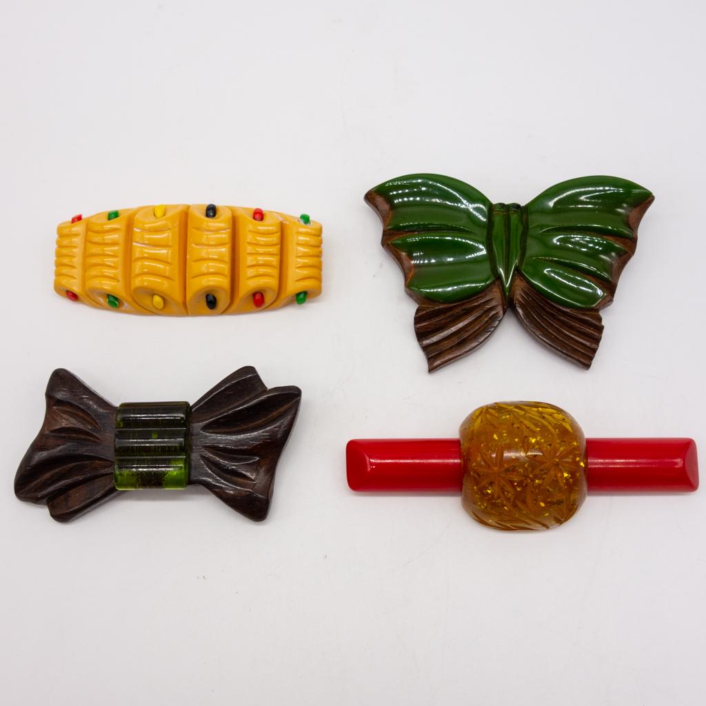 Vintage Lot 4 Carved Bakelite Wood Brooches