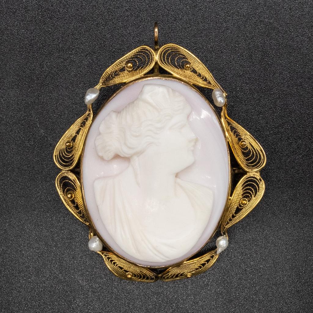 Solid Gold Pink Angel Skin Coral Seed Pearl Cameo Pin (1 of 2)