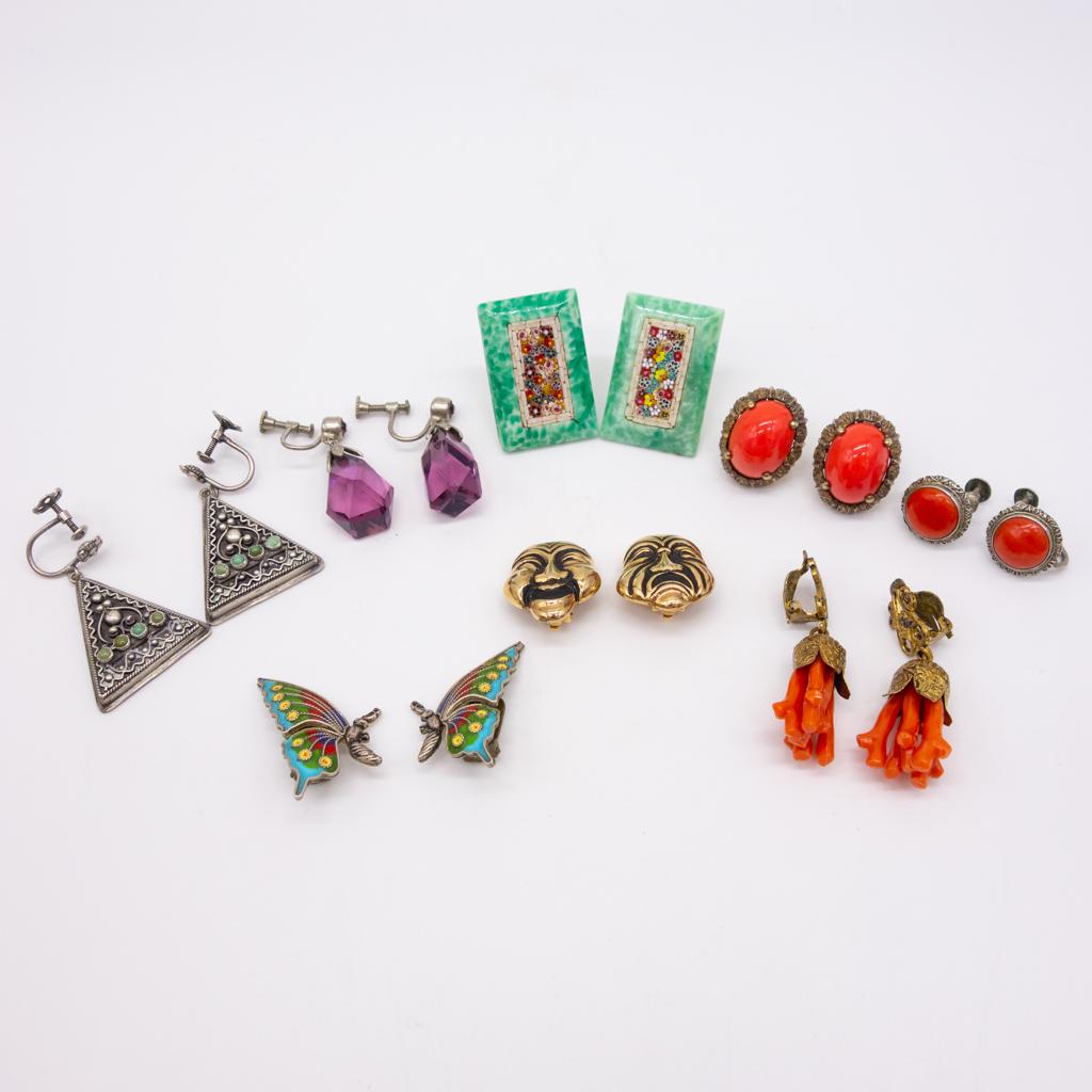 8 Pr Vintage Silver Earrings incl Coral, Micromosaic (1 of 8)