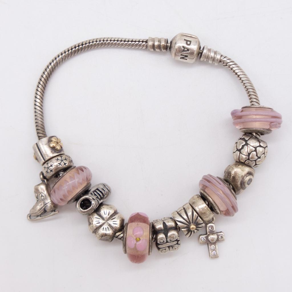 Pandora Sterling Silver Bracelet w Charms incl Cross (1 of 4)