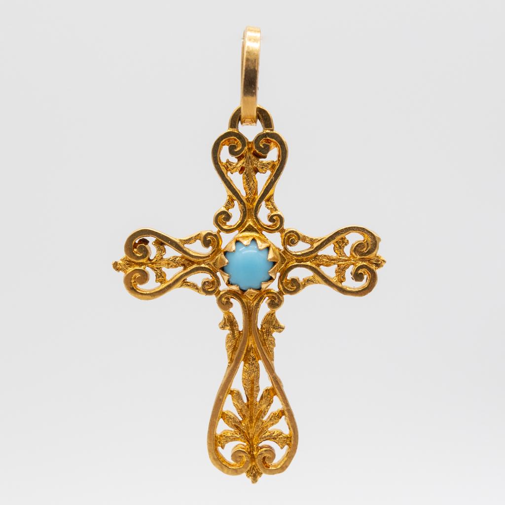 Vintage 18K Filigree Hearts Turquoise Cross Pendant (1 of 4)