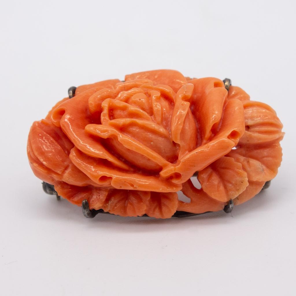 Chinese Carved Angel Skin Coral Sterling Silver Brooch (1 of 5)