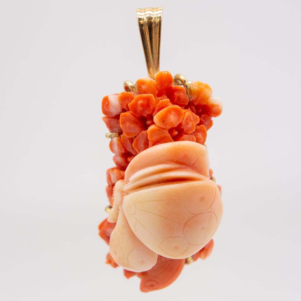 Chinese 14K Gold Carved Coral Butterfly Flower Necklace (1 of 3)