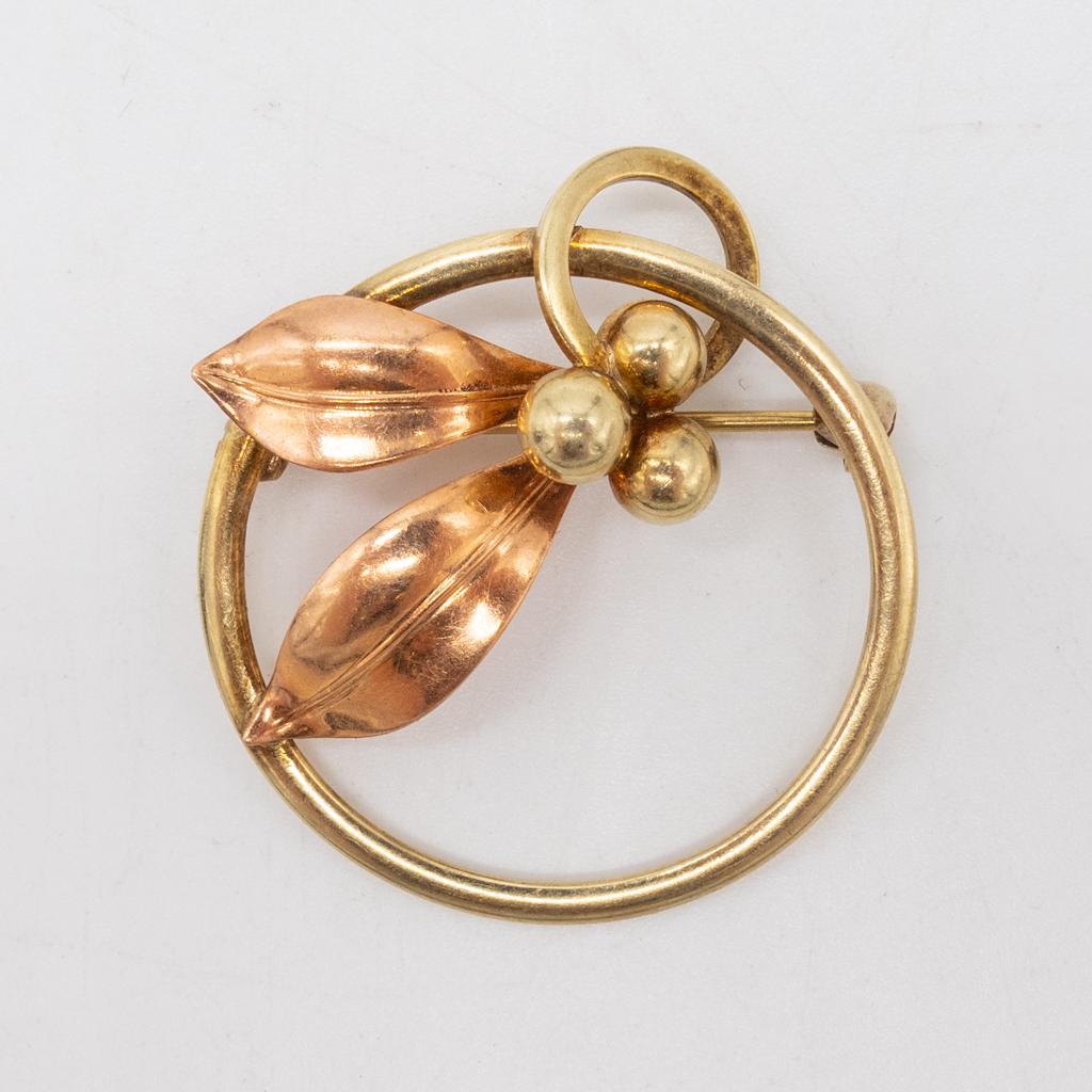 Forstner Rose Yellow Gold Retro Leafy Circle Pin Brooch (1 of 4)