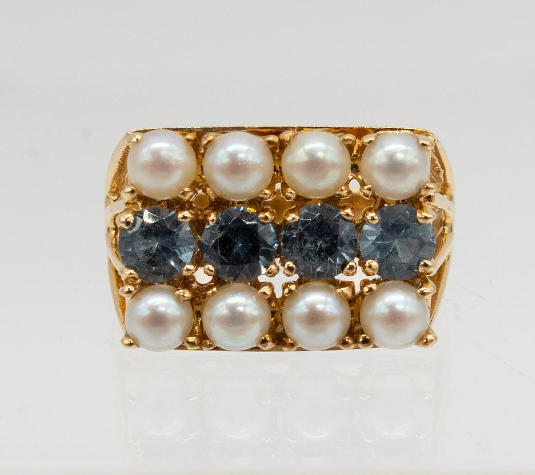Retro 14K Rose Gold Blue Zircon Seed Pearl Ring (1 of 5)