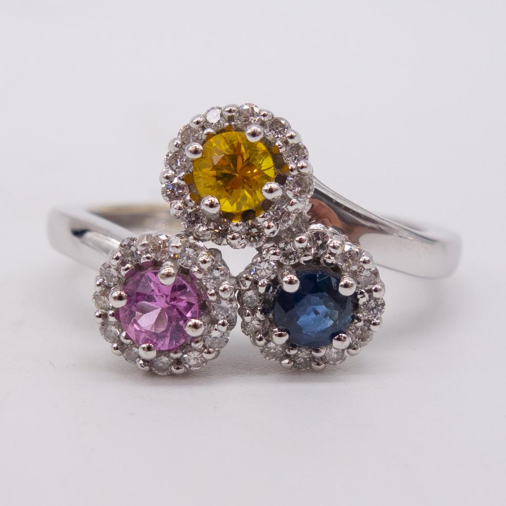 Yellow Blue Pink Sapphire Diamond 14K White Gold Ring (1 of 4)