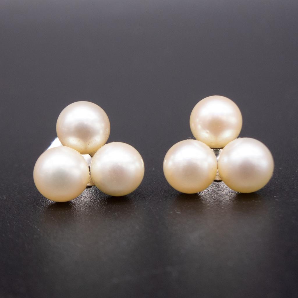 Vintage 14K White Gold Triple Pearl Earrings (1 of 2)