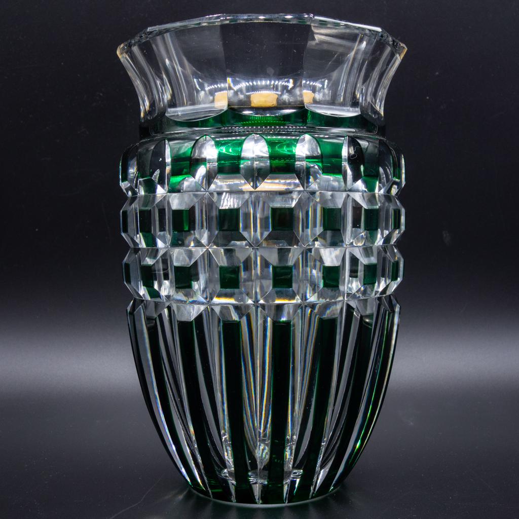 Val St Lambert Emerald Green Cut to Clear Glass Vase (1 of 6)