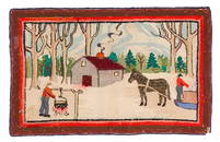 Antique American Maple Sugaring Scene Hooked Rug