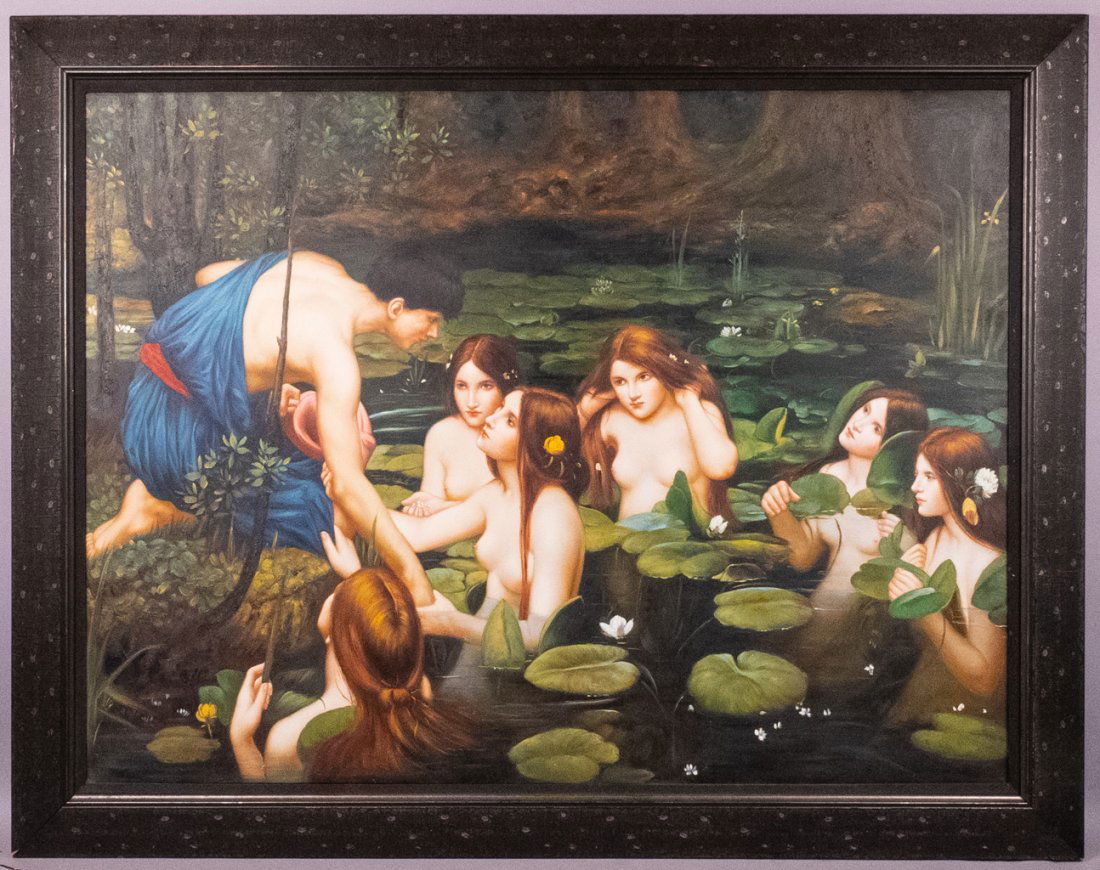 Hylas and the Nymphs Oil Painting After Waterhouse: This is a large rendering of Hylas and the Nymphs after the original by John William Waterhouse RA (English, 1849-1917). The painting depicts a moment from the Greek and Roman legend of the tragic you
