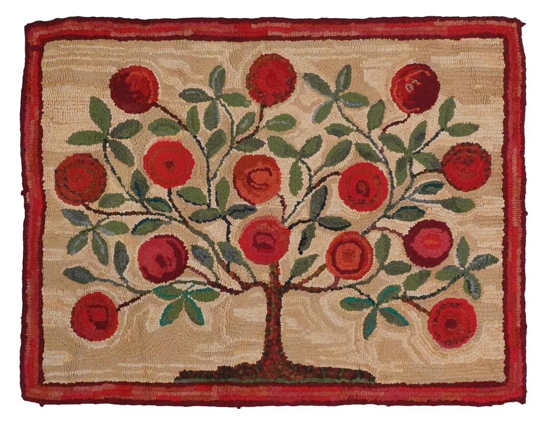 Antique Folk Art Impressionist Apple Tree Hooked Rug (1 of 4)
