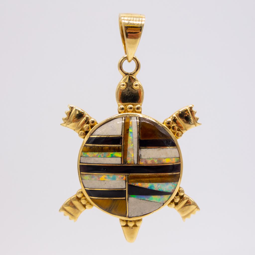 Navajo BM 14K Gold Opal Tigers Eye Inlay Turtle Pendant (1 of 3)