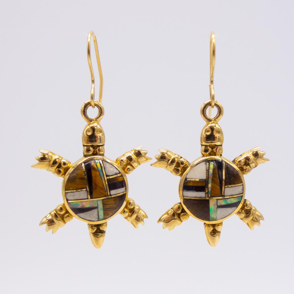 Navajo 14K Tigers Eye Opal Onyx Turtle Dangle Earrings (1 of 3)